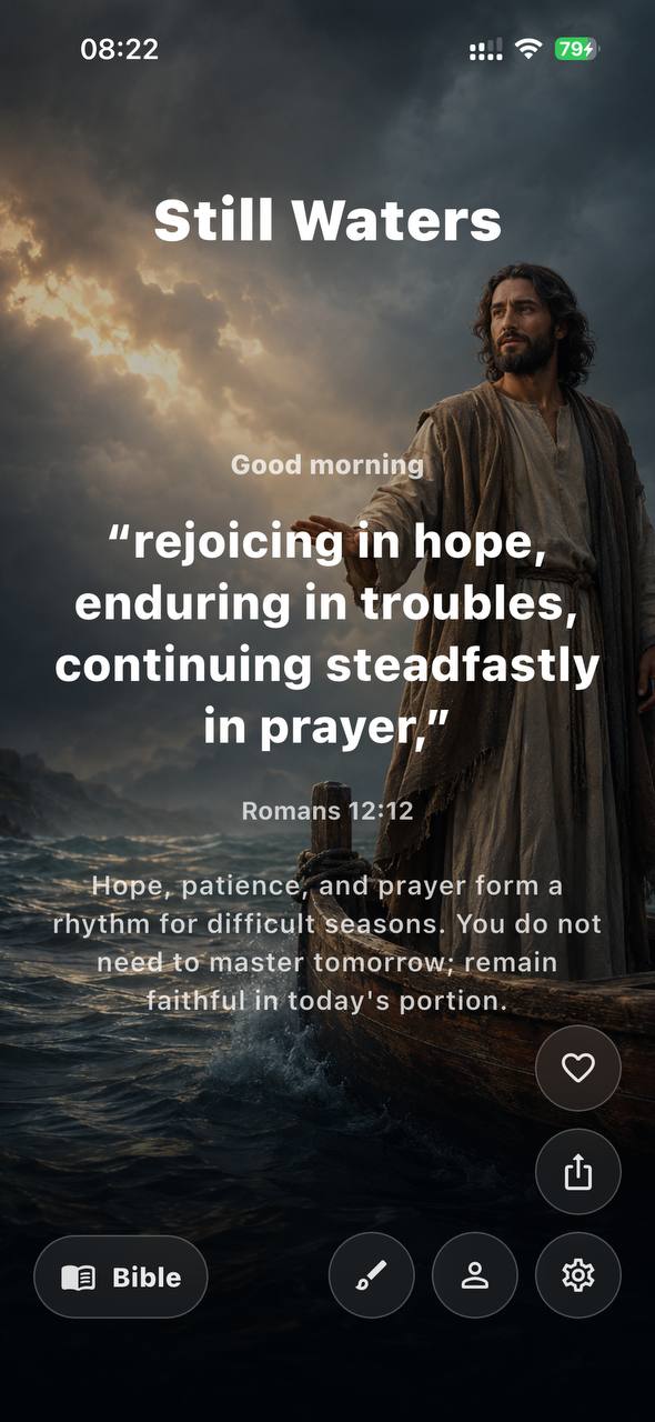 Still Waters app home screen showing a daily verse from Romans 12:12